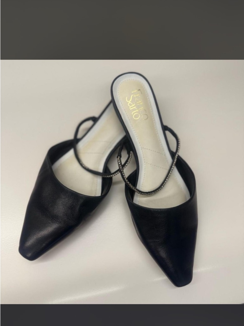 Franco Sarto-Black Pointed Toe Slip-On Mules with Embellished Strap